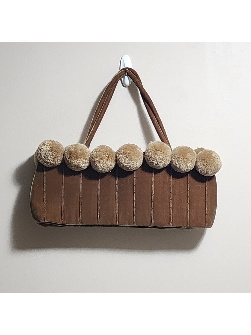 Vintage pompom embellished velvet Chocolate Brown shoulder bag